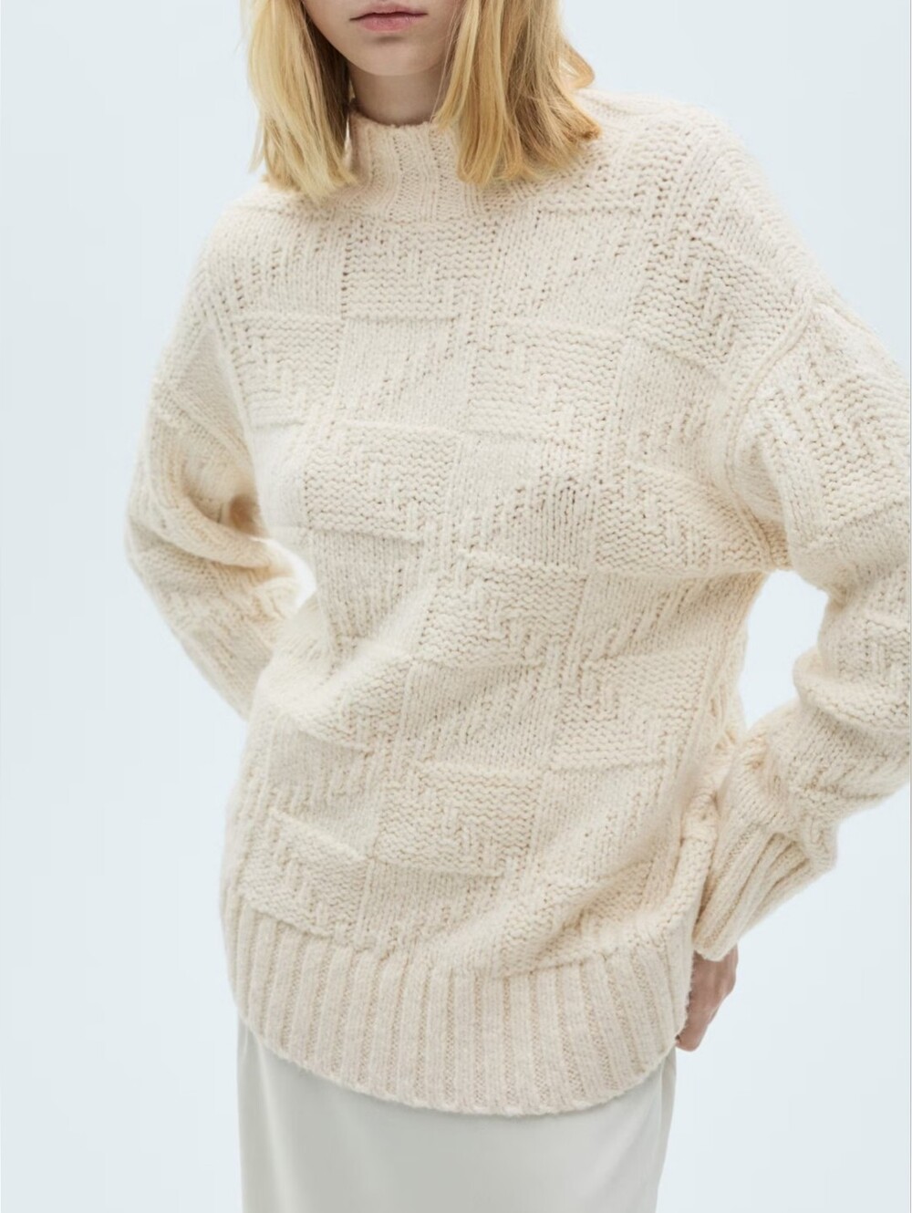 NWT Mango Chunky-knit Sweater With Perkins Neck, Ecru Cream Color